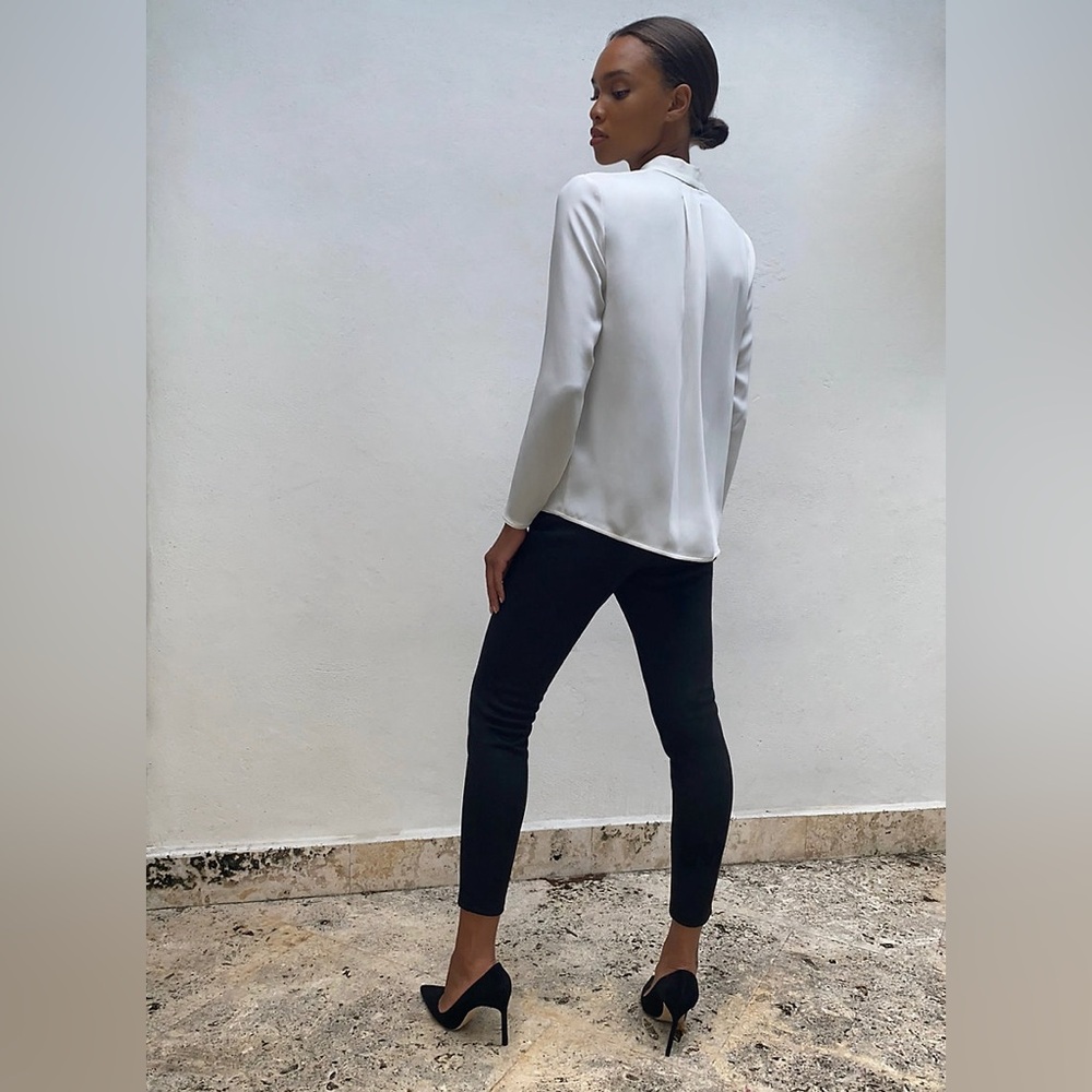 Babaton Power Blouse White Long Sleeve Button Up Work Shirt Satin